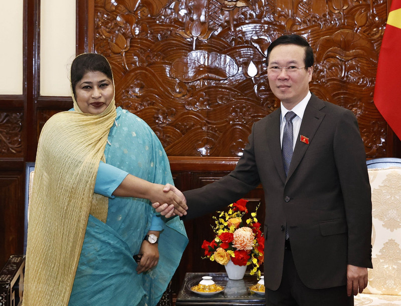 El presidente vietnamita, Vo Van Thuong, recibe a la embajadora de Bangladesh, Samina Naz. (Fotografía: VNA)