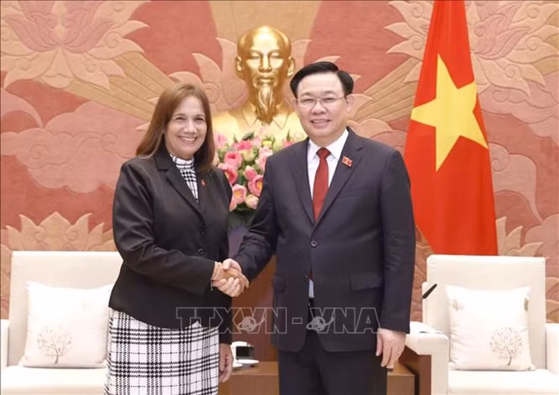 El Presidente de la Asamblea Nacional de Vietnam, Vuong Dinh Hue (en la derecha), y Ana María Mari Machado, vicepresidenta de la Asamblea Nacional de Cuba. (Fotografía: VNA)