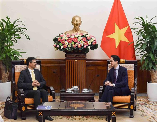 El viceministro de Relaciones Exteriores Do Hung Viet (derecha) y el relator especial de la ONU sobre el derecho al desarrollo, Surya Deva. (Fotografía: VNA)