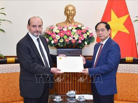 El canciller vietnamita, Bui Thanh Son, entrega una carta de saludos del premier vietnamita al presidente turco, Recep Tayyip Erdogan. (Fotografía: VNA)