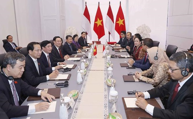 El presidente de la Asamblea Nacional de Vietnam, Vuong Dinh Hue, sostiene conversaciones con la titular del Consejo de Representantes del Pueblo Indonesio (DPR-RI), Puan Maharani. (Fotografía: VNA)