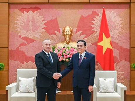 El vicepresidente permanente de la Asamblea Nacional de Vietnam (ANV), Tran Thanh Man (D), recibe al presidente del Grupo Parlamentario de Amistad Rumania-Vietnam, Eugen Neata. (Fotografía: VNA)
