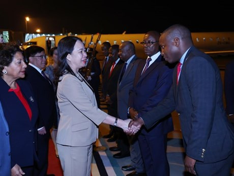 La vicepresidenta vietnamita, Vo Thi Anh Xuan (izquierda), y su comitiva llegan a Maputo la tarde del 10 de septiembre (hora local). (Foto: VNA)