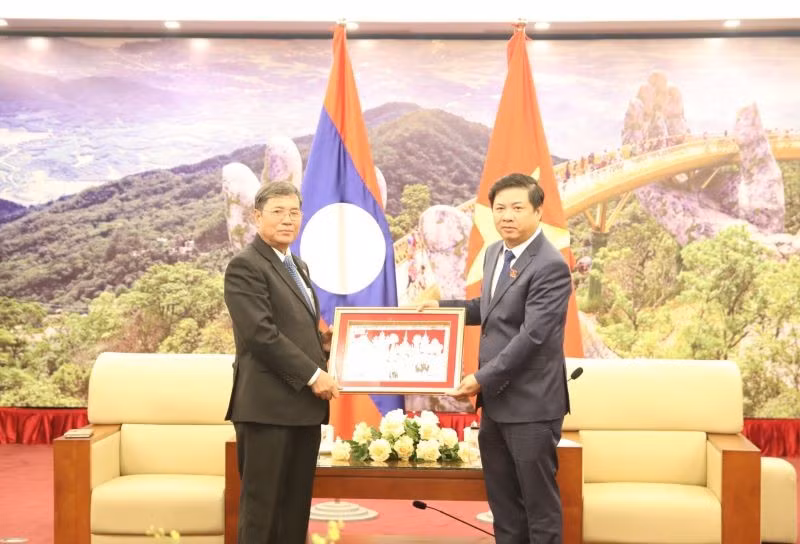El vicepresidente de la Asamblea Nacional, Khambay Damlat, regala un cuadro al vicesecretario permanente del Comité partidista y presidente del Consejo Popular de Da Nang, Luong Nguyen Minh Triet. 