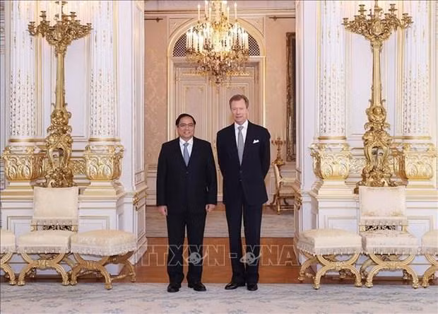 El primer ministro de Vietnam, Pham Minh Chinh, (I) y el Gran Duque de Luxemburgo, Enrique. (Fotografía: VNA)