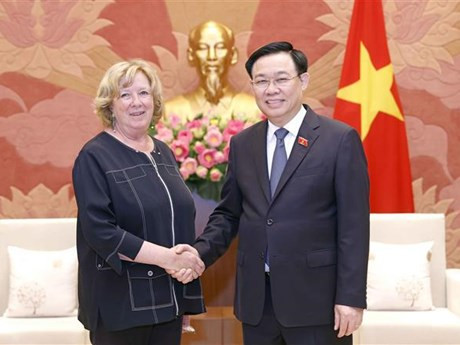 El presidente de la Asamblea Nacional de Vietnam, Vuong Dinh Hue, y la presidenta del Grupo Parlamentario de Amistad Francia-Vietnam en el Senado francés, Catherine Deroche. (Foto: VNA)