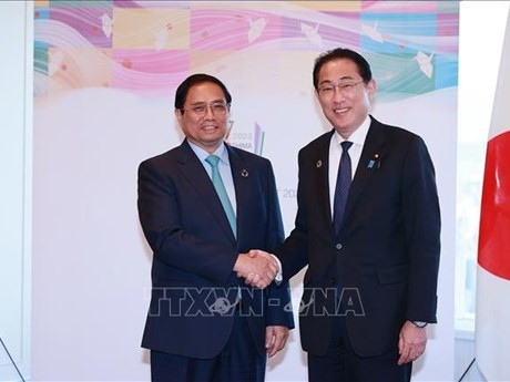 El primer ministro vietnamita, Pham Minh Chinh, y su homólogo japonés, Kishida Fumio (derecha). (Foto: VNA).