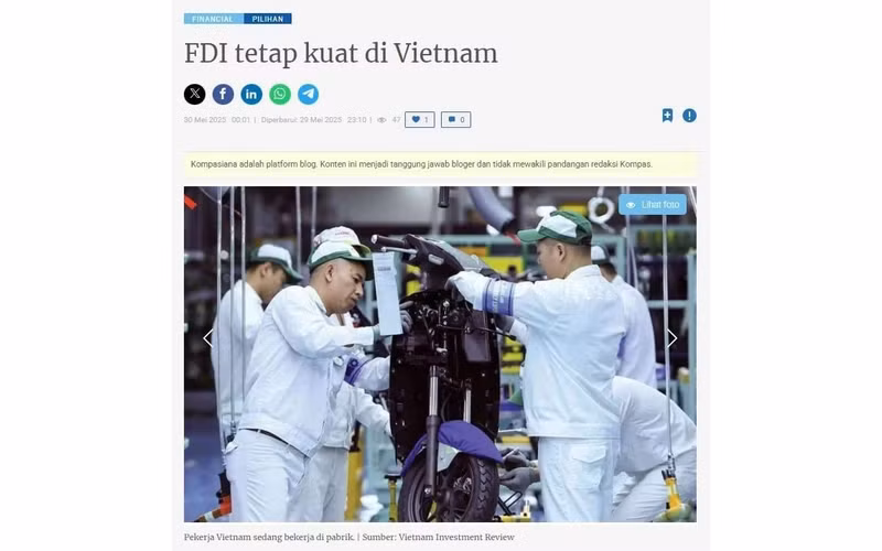 Captura de pantalla del artículo del sitio web indonesio Kompasiana sobre la inversión extranjera directa en Vietnam.