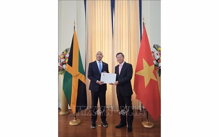 El embajador de Vietnam en Cuba, concurrente en Kingston, Le Quang Long, presenta sus cartas credenciales al Gobernador General de Jamaica, Patrick Allen. (Foto: VNA)