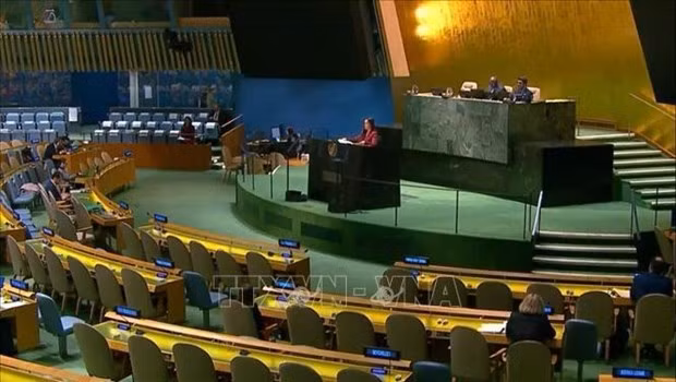 La ministra consejera y subjefa de la delegación permanente vietnamita ante la ONU, Le Thi Minh Thoa, habla en el evento. (Foto: VNA)