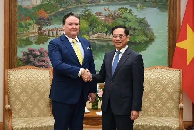 El viceprimer ministro vietnamita, Bui Thanh Son (derecha), recibie al embajador estadounidense en Vietnam, Marc E. Knapper. (Foto: VNA)