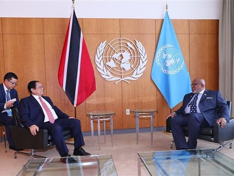 El primer ministro de Vietnam, Pham Minh Chinh, y el presidente del 78º período de sesiones de la Asamblea General de la ONU, Dennis Francis. (Foto: VNA)