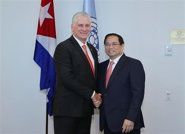 El primer ministro de Vietnam, Pham Minh Chinh (en la derecha), y el primer secretario del Comité Central del Partido Comunista y presidente de Cuba, Miguel Mario Díaz-Canel Bermúdez. (Foto: VNA)