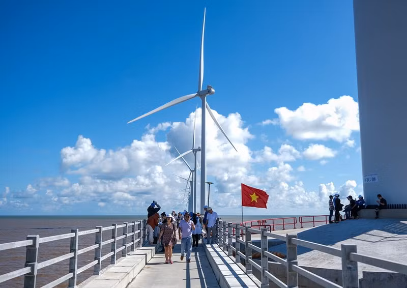 El área turística de energía eólica Hoa Binh 1, en la comuna de Vinh Hau A, distrito de Hoa Binh (Bac Lieu), despliega servicios turísticos de visitar el parque de energía eólica para los turistas. Foto baobaclieu.vn El área turística de energía eólica Hoa Binh 1, en la comuna de Vinh Hau A, distrito de Hoa Binh (Bac Lieu), despliega servicios turísticos de visitar el parque de energía eólica para los turistas. Foto baobaclieu.vn