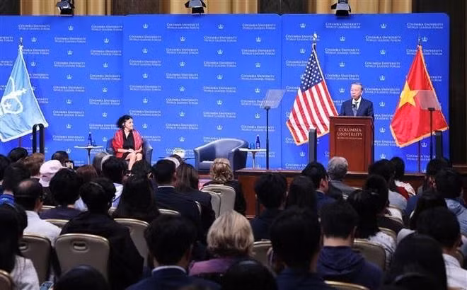 El secretario general del Partido Comunista y presidente e Vietnam, To Lam, en la Universidad de Columbia, en Nueva York. (Foto: VNA)