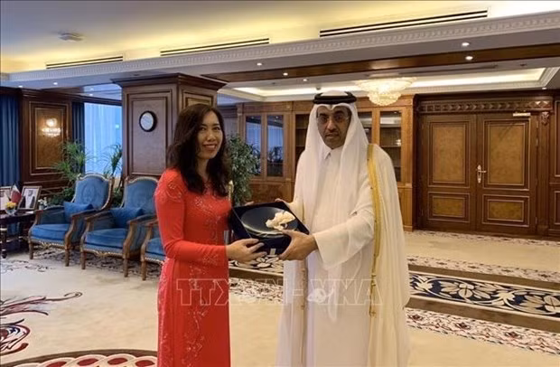 La viceministra de Relaciones Exteriores de Vietnam, Le Thi Thu Hang, y el ministro de Trabajo de Catar, Ali Bin Saeed Bin Smaikh Al Marri (Foto:VNA) La viceministra de Relaciones Exteriores de Vietnam, Le Thi Thu Hang, y el ministro de Trabajo de Catar, Ali Bin Saeed Bin Smaikh Al Marri (Foto:VNA)