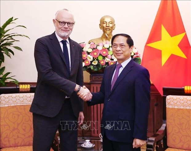 El ministro de Relaciones Exteriores, Bui Thanh Son, recibe al ex primer ministro de Francia, Edouard Philippe. (Fotografía: VNA)