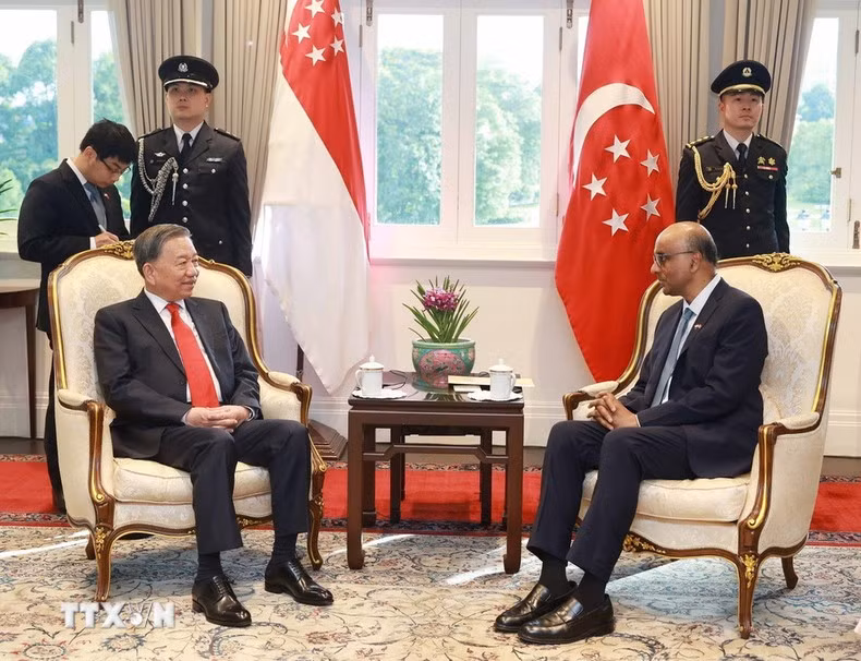 El secretario general del PCV, To Lam, se entrevista con el presidente de Singapur, Tharman Shanmugaratnam. (Foto: VNA)