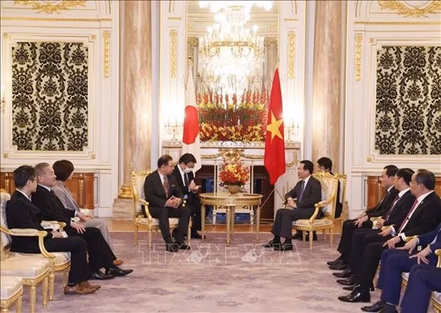 El presidente de Vietnam, Vo Van Thuong, dialoga con el titular del PCJ, Kazuo Shii. (Foto: VNA)