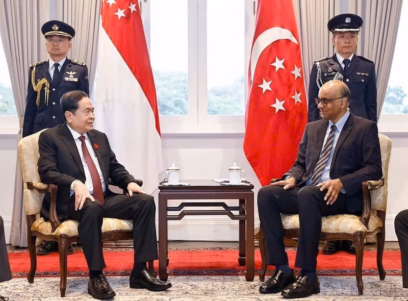 El titular de la Asamblea Nacional de Vietnam, Tran Thanh Man, se reúne con el presidente de Singapur, Tharman Shanmugaratnam, durante su visita oficial al país insular el 3 de diciembre de 2024. (Foto: VNA)