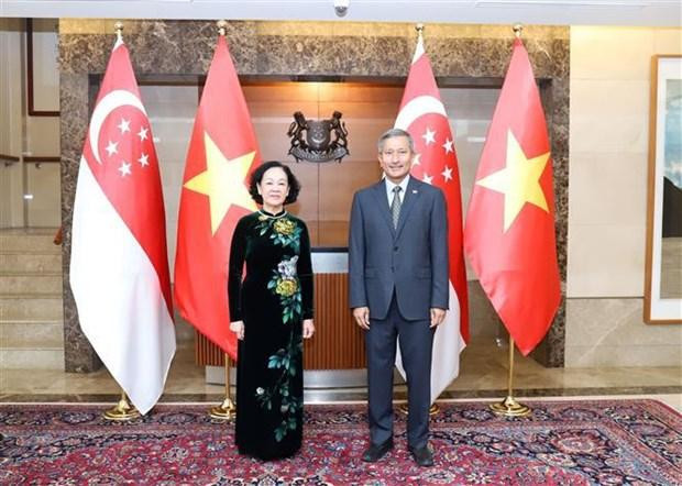 Truong Thi Mai, miembro del Buró Político, secretaria del Comité Central del PCV y jefa de su Comisión de Organización, y el canciller de Singapur, Vivian Balakrishnan. (Fotografía: VNA)
