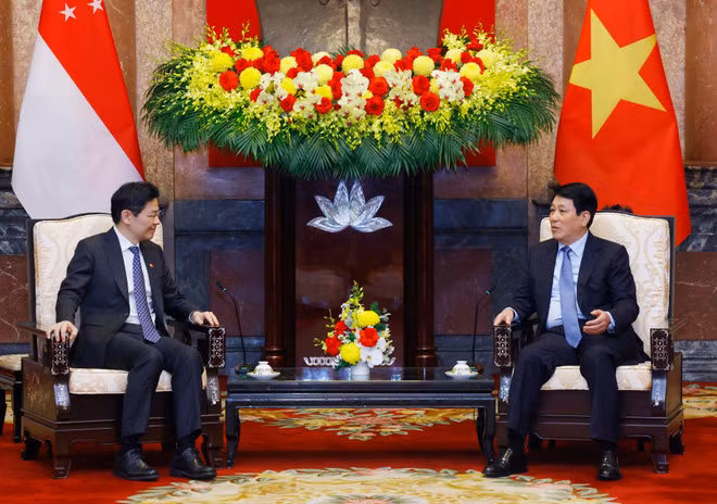 El presidente vietnamita Luong Cuong (derecha) se reunió con el primer ministro singapurense, Lawrence Wong. (Fuente: VNA)