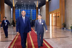 El presidente de la Asamblea Nacional de Costa de Marfil, Patrick Achi (izquierda), y el subjefe permanente de la Comisión de Defensa, Seguridad y Asuntos Exteriores de la Asamblea Nacional de Vietnam, Vu Hai Ha, en el aeropuerto internacional de Noi Bai. (Foto: VNA)