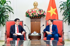 El vicecanciller vietnamita Ngo Le Van (derecha) y el presidente del Instituto de Investigación Económica para la ASEAN y Asia Oriental (ERIA), Watanabe Tetsuya. (Foto: VNA)
