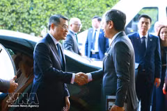 Funcionarios de alto rango de la India despiden al primer ministro Le Minh Hung al término de su participación en la 18ª Cumbre de BRICS y de sus actividades bilaterales en la India. (Foto: VNA)