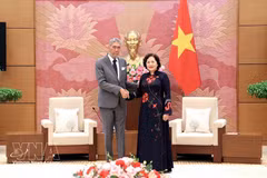 La vicepresidenta de la Asamblea Nacional de Vietnam, Nguyen Thi Hong, y el secretario general del MIU, Miguel Mejía. (Foto: VNA)