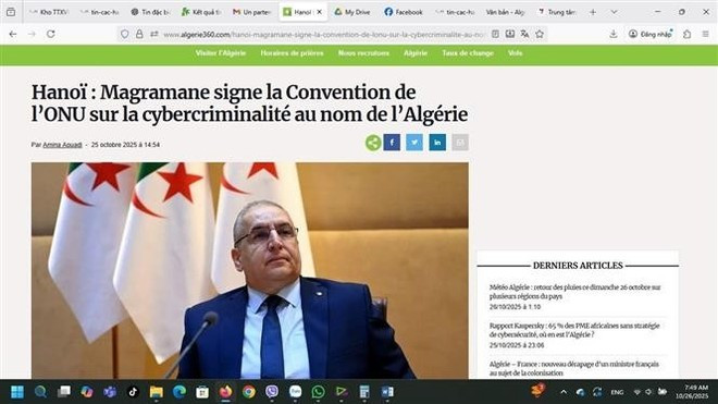 El periódico digital Algerie360 publicó un artículo sobre la firma de la Convención de Hanói por parte de Argelia. (Foto: VNA) El periódico digital Algerie360 publicó un artículo sobre la firma de la Convención de Hanói por parte de Argelia. (Foto: VNA)