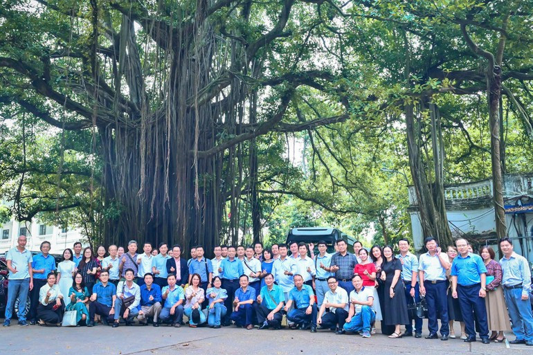 Los visitantes posan frente al baniano centenario en la sede del periódico. Los visitantes posan frente al baniano centenario en la sede del periódico.