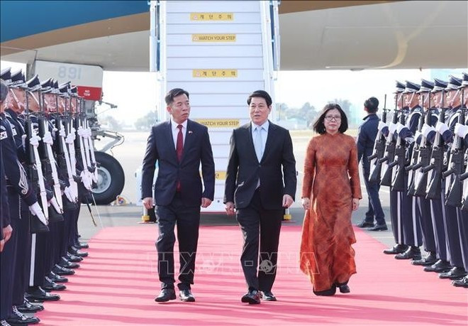 El presidente Luong Cuong en el aeropuerto militar de Gimhae, en la ciudad surcoreana de Busán. (Foto: VNA) El presidente Luong Cuong en el aeropuerto militar de Gimhae, en la ciudad surcoreana de Busán. (Foto: VNA)