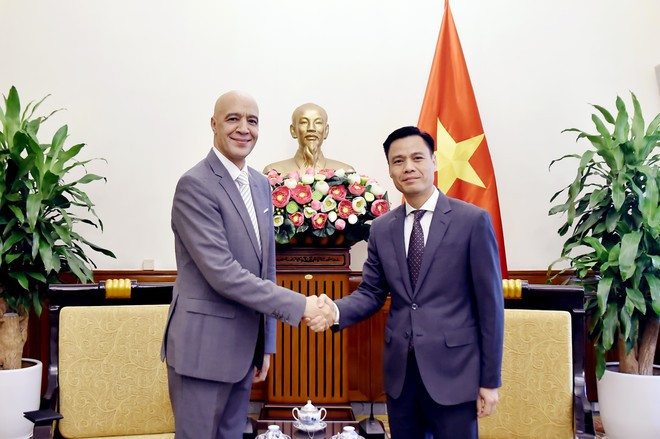 El viceministro de Relaciones Exteriores vietnamita Dang Hoang Giang (derecha) recibe al embajador de Marruecos, Jamale Chouaibi. (Foto: VNA) El viceministro de Relaciones Exteriores vietnamita Dang Hoang Giang (derecha) recibe al embajador de Marruecos, Jamale Chouaibi. (Foto: VNA)