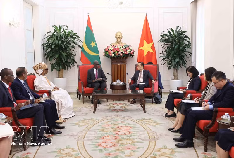 El ministro de Relaciones Exteriores vietnamita, Le Hoai Trung, recibe al ministro y secretario general del Gobierno de Mauritania, Moctar Al Housseynou Lam. (Foto: VNA)