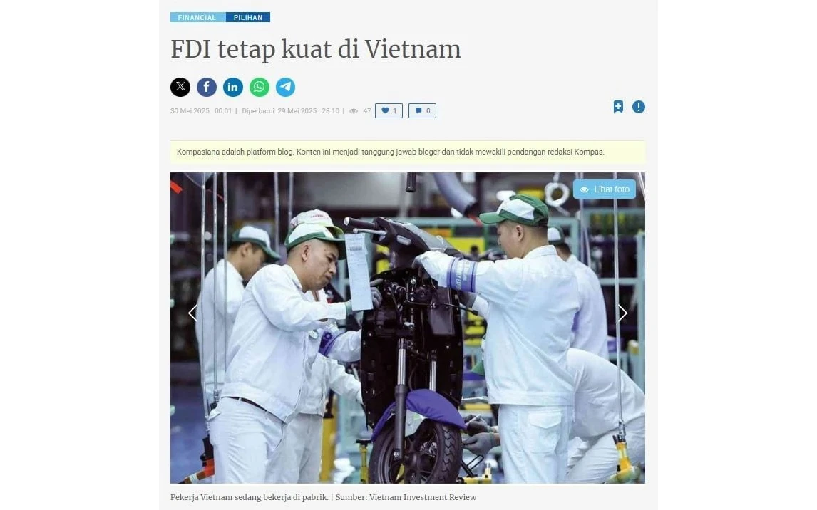 Captura de pantalla del artículo del sitio web indonesio Kompasiana sobre la inversión extranjera directa en Vietnam.