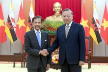 El secretario general del Partido Comunista de Vietnam, To Lam (derecha), recibe al sultán de Brunéi, Haji Hassanal Bolkiah.