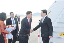 El embajador de Vietnam en Corea del Sur, Vu Ho, recibe al presidente Luong Cuong en el aeropuerto militar de Gimhae, en la ciudad surcoreana de Busán. (Foto: VNA)