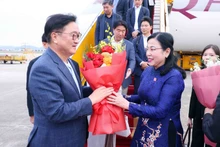 Nguyen Thanh Hai, jefa de la Comisión de Ciencia, Tecnología y Medio Ambiente de la Asamblea Nacional de Vietnam y presidenta del Grupo Parlamentario de Amistad Vietnam–Corea del Sur, recibe al presidente de la Asamblea Nacional de Corea del Sur, Woo Won Shik, en el Aeropuerto Internacional de Noi Bai. (Foto: VNA)
