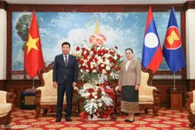 El miembro del Comité Central del Partido Comunista de Vietnam y viceministro de Relaciones Exteriores, Nguyen Manh Cuong, y la embajadora de Laos en Vietnam, Khamphao Ernthavanh, en la reunión. (Foto: baoquocte.vn)