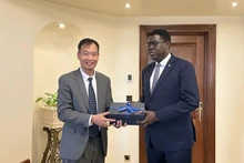 El embajador de Vietnam en Egipto, Nguyen Nam Duong, entrega un regalo al ministro sursudanés de Asuntos Exteriores y Cooperación Internacional, Monday Semaya Kumba. (Foto: baoquocte.vn)