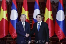 El secretario general del Partido Comunista de Vietnam (PCV), To Lam, (izquierda) se reúne con el primer ministro de Laos, Sonexay Siphandone. (Foto: VNA)