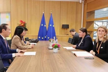 Le Thi Thu Hang, viceministra vietnamita de Relaciones Exteriores, se reúne con la asesora de políticas exteriores del presidente del Consejo Europeo, Veronika Musilova. (Foto: VNA)