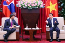 El general Luong Tam Quang (izquierda), ministro de Seguridad Pública de Vietnam, recibe a Robert Kaliňák, viceprimer ministro y titular de Defensa de Eslovaquia. (Foto: VNA)