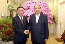 El miembro del Buró Político y miembro permanente del Secretariado del Comité Central del Partido Comunista de Vietnam, Tran Cam Tu, visita al exsecretario general del Partido, Nong Duc Manh (Foto: VNA)