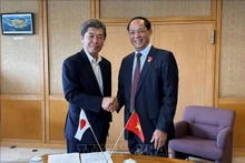 El vicepresidente de la Asamblea Nacional de Vietnam Tran Quang Phuong (derecha) y el titular de la Asamblea de Oita, Shima Koichi. (Foto: VNA)