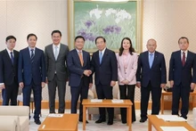 El vice premier vietnamita Le Thanh Long (cuarto desde la izquierda) se reúne con el presidente de la Cámara de Representantes de Japón, Nukaga Fukushiro (cuarto desde la derecha). (Foto: VNA)