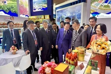El vice primer ministro Tran Hong Ha visita el pabellón de Vietnam. (Fotografía: VNA)