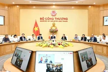 El ministro de Industria y Comercio de Vietnam, Nguyen Hong Dien, sostiene una reunión virtual con el secretario de Comercio de Estados Unidos, Howard Lutnick. (Fotografía: VGP)
