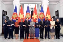 El miembro del Secretariado del Comité Central del Partido Comunista y ministro interino de Relaciones Exteriores de Vietnam, Le Hoai Trung, recibe a los embajadores y encargados de negocios de los países miembros de la Asean y de Timor Oriental en Hanói. (Foto: VNA)